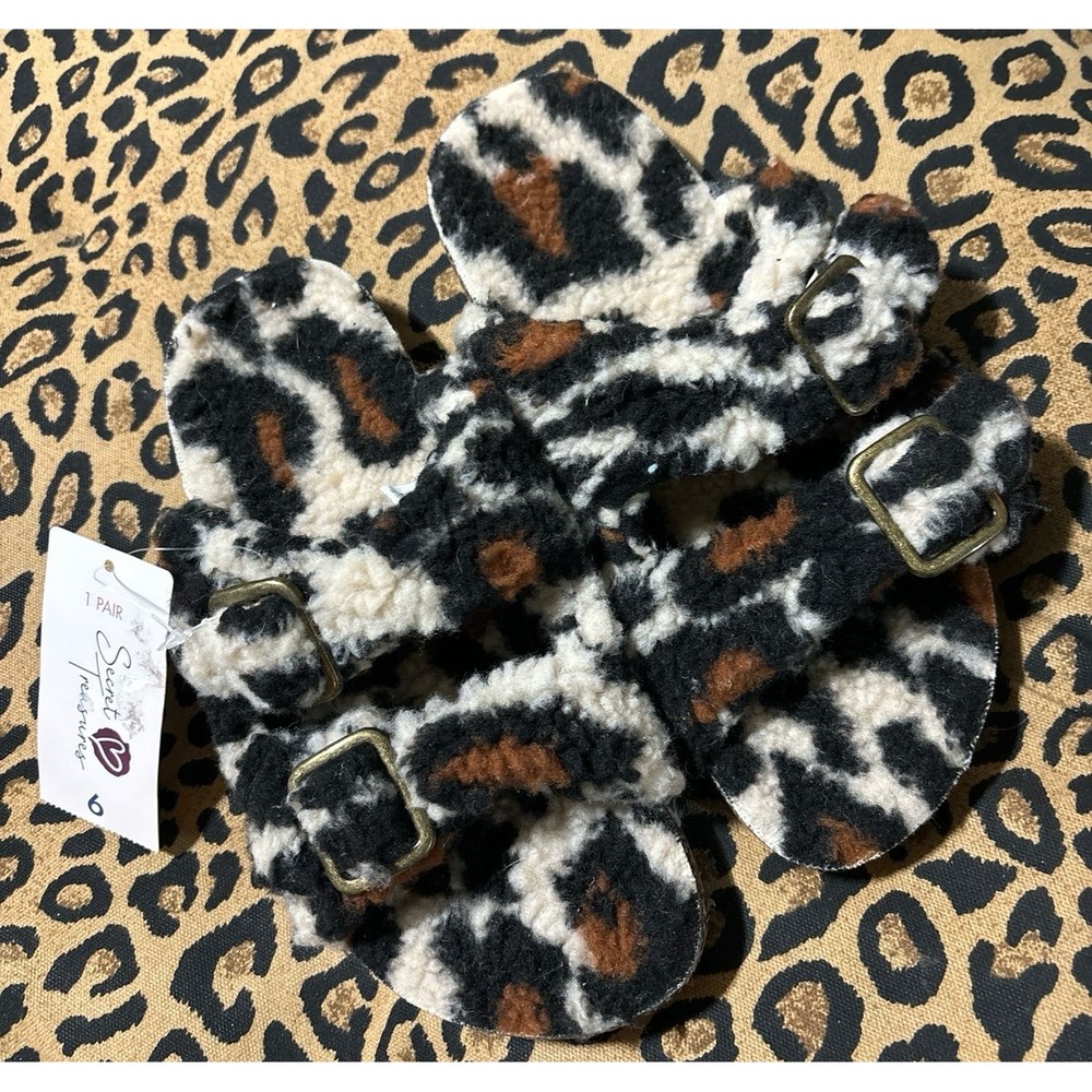 NEW Secret Treasures Women's Leopard Sherpa Fur Double Strap Sandals Slippers, 6